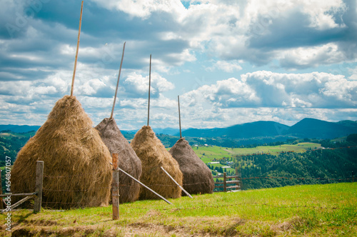 Картината върху платно haystacks along a country road on the slopes of the mountains, the local flavor of the Carpathians, against the background of air clouds