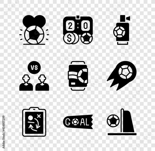 Set Soccer football ball, Football betting money, Air horn, Planning strategy concept, Goal soccer, goal with, player and Beer can icon. Vector