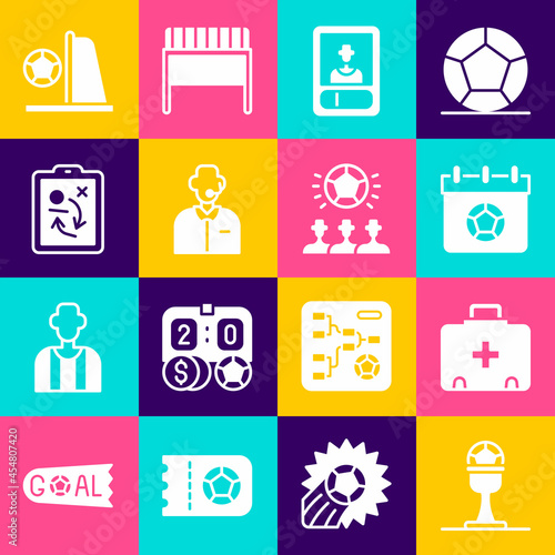Set Award cup and football ball, First aid kit, Football or soccer calendar, card, commentator, Planning strategy concept, goal with and Soccer icon. Vector
