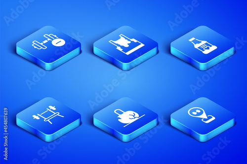 Set Location gym, Dumbbell, Broken weight, Bench with barbell, Sweaty sleeveless t-shirt and Vitamins icon. Vector