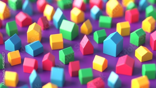 Many colorful miniature toy houses background with shallow depth of field. 3d rendering photo