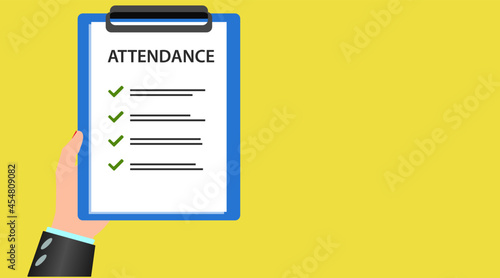 woman's hand Attendance board with attendance checklist. Survey, survey, board, task list. Vector Design Eps 10.