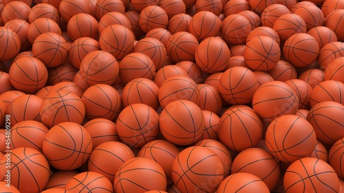 Basketball balls background. Many orange basketball balls with realistic dimple texture lying in a pile. 3d rendering © 3d_kot