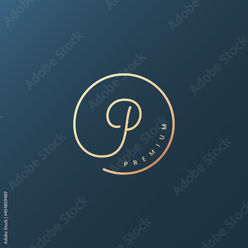 letter P logo. Premium rounded gold logo on blue
