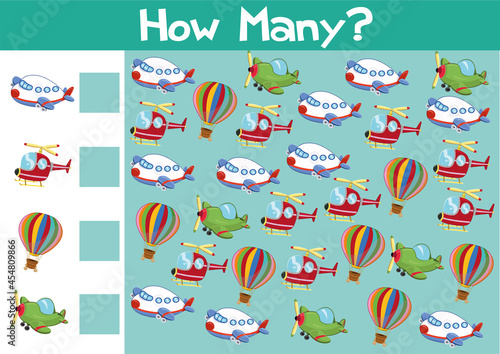 Counting air crafts game. Illustration for children in vector format.