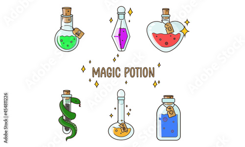Magic Witchcraft Elements Bottles Magic Potion. Icons set, pins, stickers.