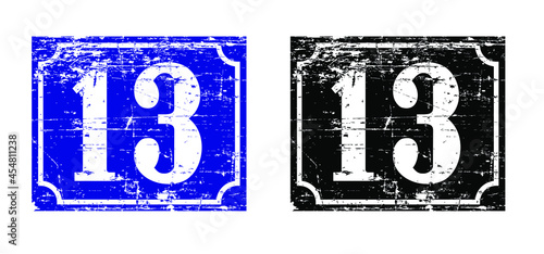 Friday 13 icon. Thirteen lucky number or unlucky number, friday 13th sign. Happy halloween day, october. Angry day. Flat vector pictogram. Old sign or signboard. Vintage rusty metal urban sign.