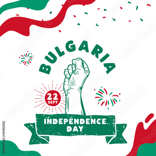 Square Banner illustration of Bulgaria independence day celebration. Waving flag and hands clenched. Vector illustration.