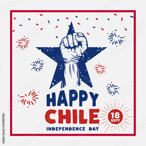 Square Banner illustration of Chile independence day celebration. Waving flag and hands clenched. Vector illustration.