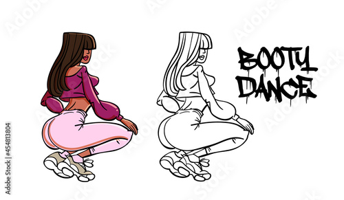 Twerk poster design. Cartoon style girl. Poster for booty dance course or battle. Vector illustration.