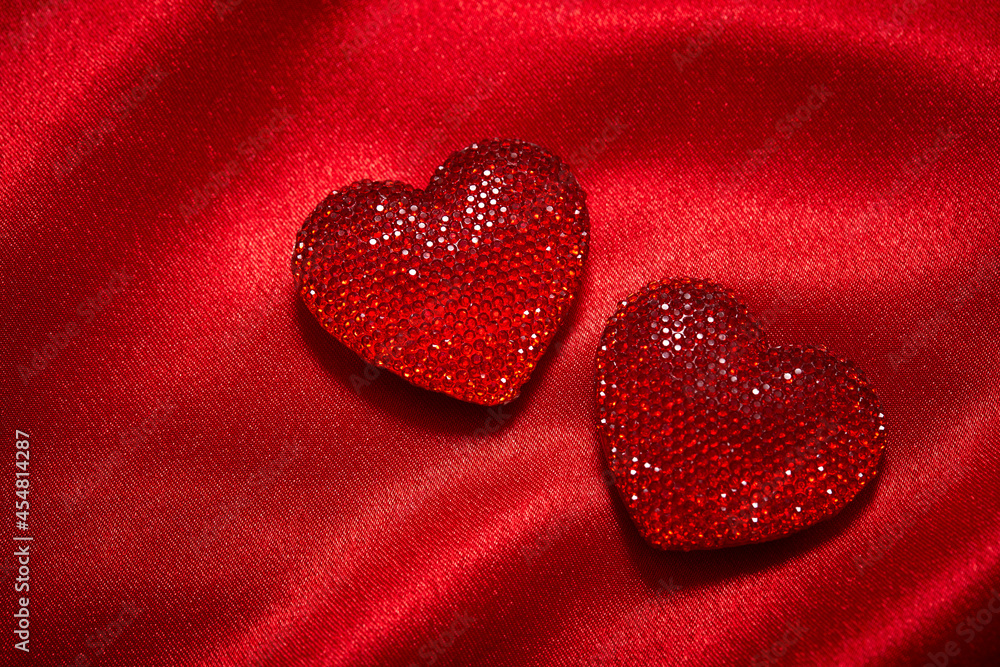 Fototapeta premium Valentines Day Background, Valentine Heart Red Silk Fabric, Wedding Love - Image