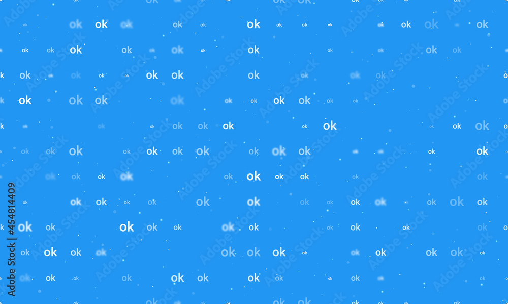 Seamless background pattern of evenly spaced white ok symbols of different sizes and opacity. Vector illustration on blue background with stars