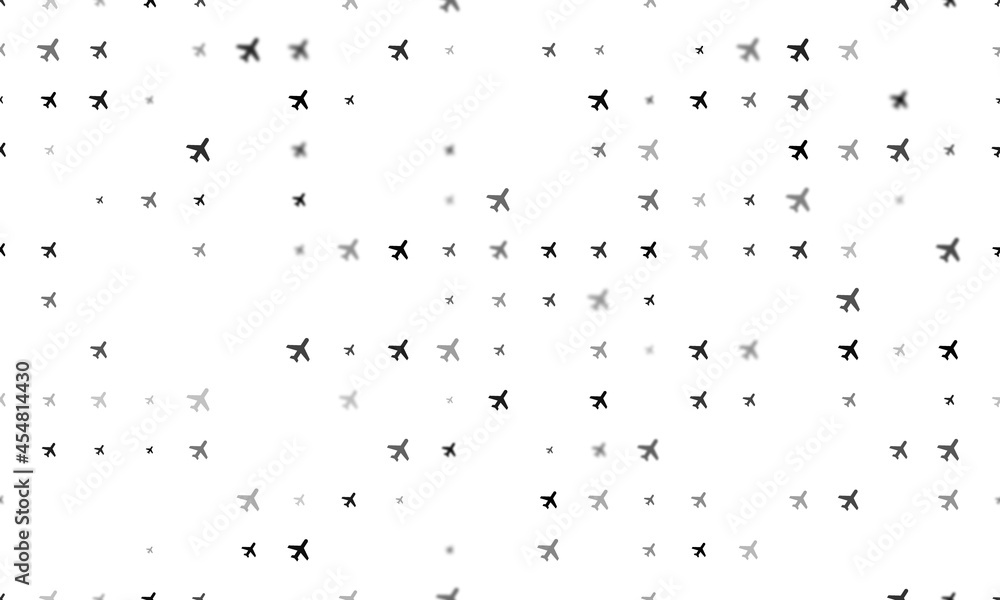 Seamless background pattern of evenly spaced black plane symbols of different sizes and opacity. Vector illustration on white background Seamless background pattern of evenly spaced black plane symbols of different sizes and opacity. Vector illustration on white background