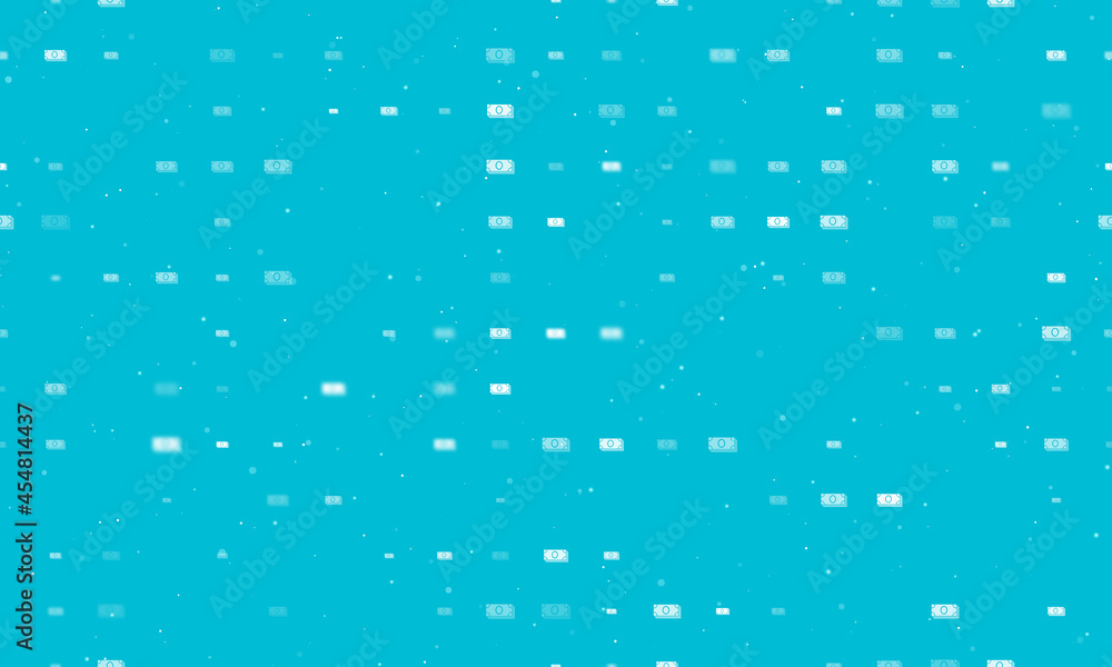 Seamless background pattern of evenly spaced white money bundle symbols of different sizes and opacity. Vector illustration on cyan background with stars