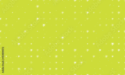 Seamless background pattern of evenly spaced white cosmic symbols of different sizes and opacity. Vector illustration on lime background with stars