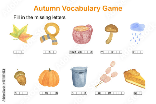 Fill in the missing letters autumn English vocabulary game for kids, leisure activity watercolor illustration worksheet