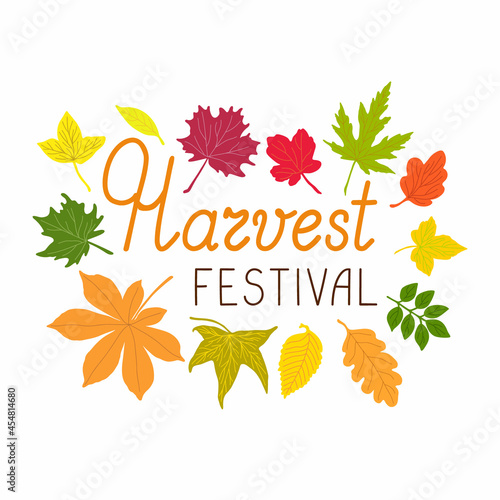 Autumn harvest festival handwritten lettering with leaves of bright fall colors vector, autumn holiday decor element for posters, cards, banners