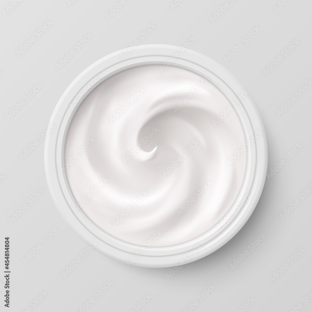 White Cosmetics Cream in Package Container Top View on Gray Background. Cosmetic Product for Care to Skin Face. Applicable for Dairy or Cosmetic Products Ads or Packaging Design White Cosmetics Cream in Package Container Top View on Gray Background. Cosmetic Product for Care to Skin Face. Applicable for Dairy or Cosmetic Products Ads or Packaging Design