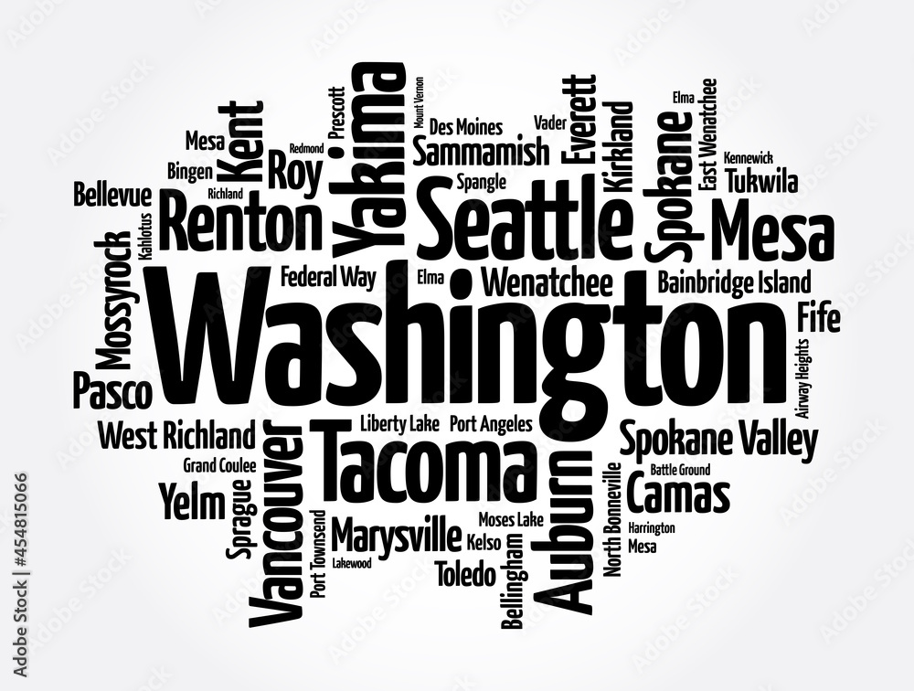 List of cities in Washington USA state, word cloud concept background List of cities in Washington USA state, word cloud concept background