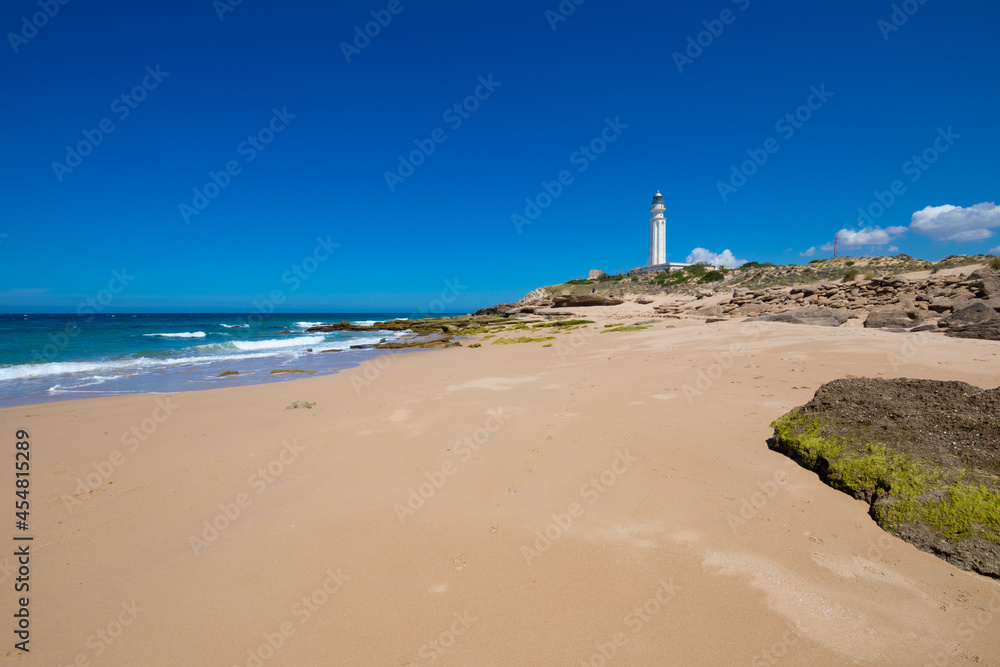 Aceitera sandy Beach next to lighthouse of Trafalgar Cape, near Canos Meca (Barbate, Cadiz, Andalusia, Spain)
Aceitera sandy Beach next to lighthouse of Trafalgar Cape, near Canos Meca (Barbate, Cadiz, Andalusia, Spain)