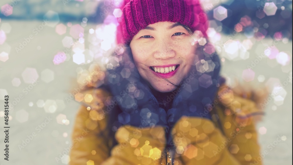 illustration render of 3D shimmering particles and young happy and beautiful Asian Korean woman in winter hat and gloves smiling cheerful outdoors in snow illustration render of 3D shimmering particles and young happy and beautiful Asian Korean woman in winter hat and gloves smiling cheerful outdoors in snow