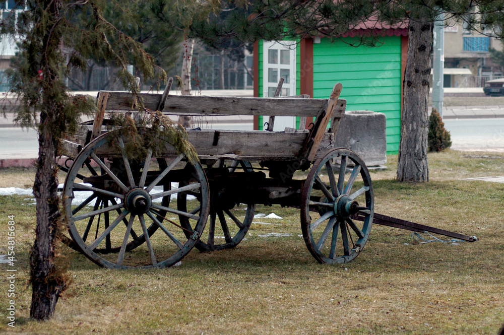 old carriage in the park, old carriage in the village, 
old carriage