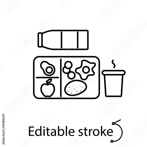 Lunchbox with vegetables and fruits outline icon. Tea and milk bottle. Editable stroke. Isolated vector illustration