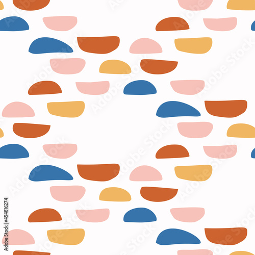 Abstract playful color style cut out shape pattern. Seamless modern simple lino cut style design for retro kids all over print. Trendy geometric home decor, kid fashion, wallpaper in vector repeat. 