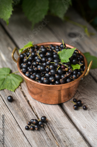 Black currant in copper bowl on wooden background, berry picking, harvest season