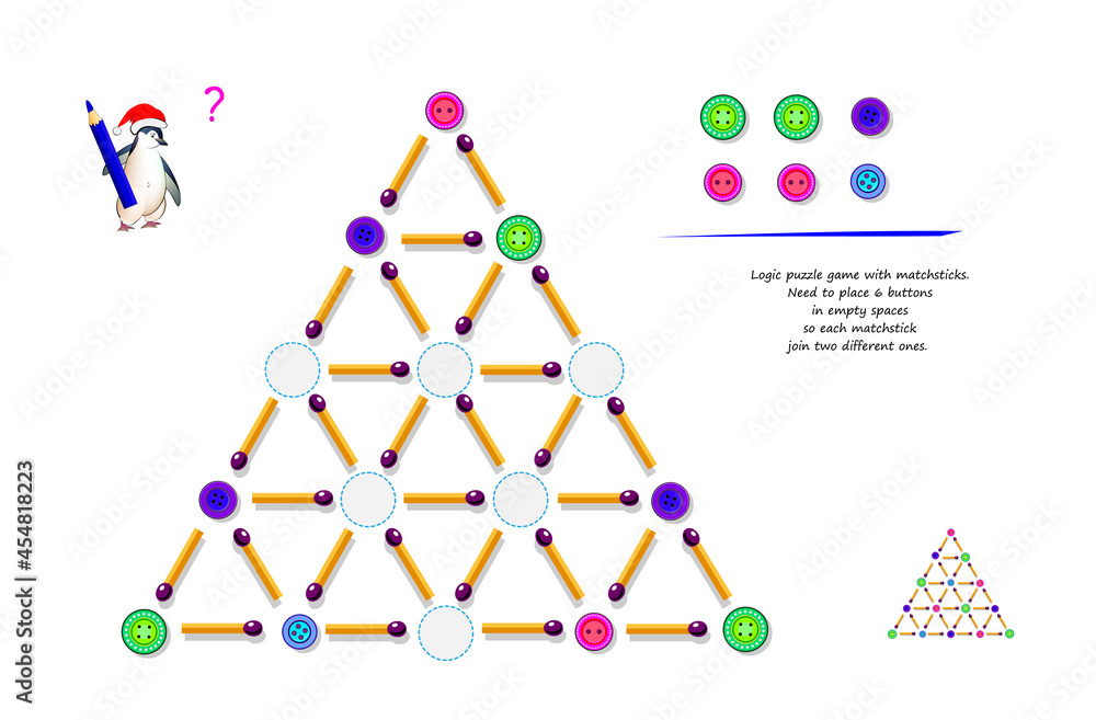 Logic puzzle game with matchsticks. Need to place 6 buttons in empty ...