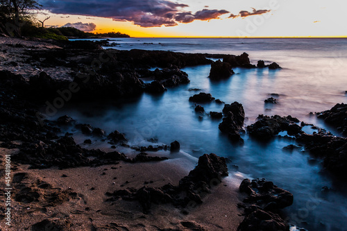 Waves Washing Over Ancient Lava Flows on Kapalaoa Beach at Sunset, Anaehoʻomalu Bay, Hawaii Island, Hawaii, USA