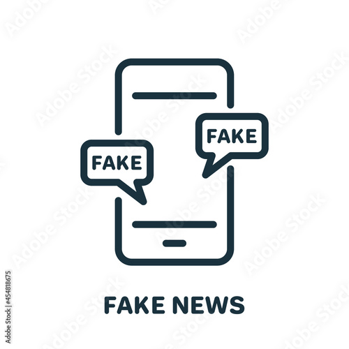 Fake News on Mobile Phone Line Icon. Hoax, Fake, False on Smartphone Linear Pictogram. Message with Misinformation Outline Icon. Disinformation Concept. Editable Stroke. Isolated Vector Illustration