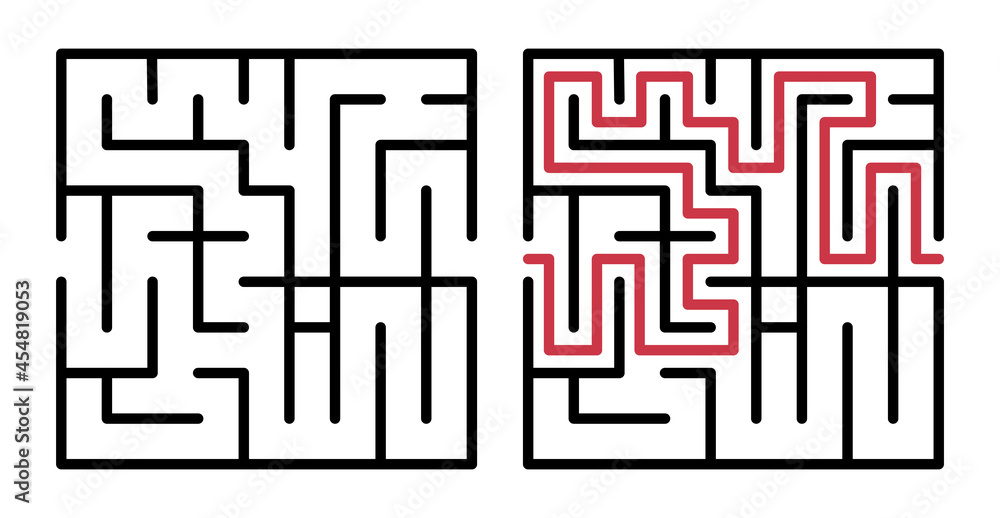 Abstract maze. Find right way. Isolated simple square maze black line on white background. Vector illustration. Abstract maze. Find right way. Isolated simple square maze black line on white background. Vector illustration.