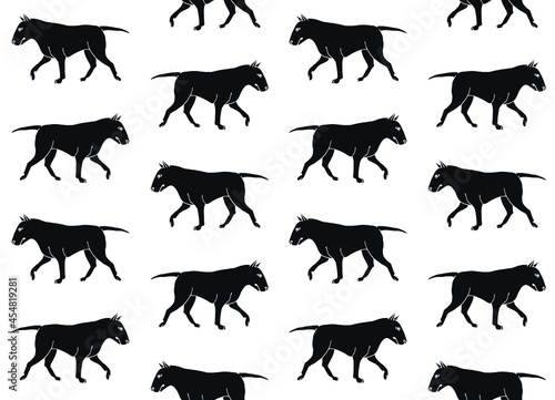 Vector seamless pattern of hand drawn doodle sketch black bull terrier dog isolated on white background