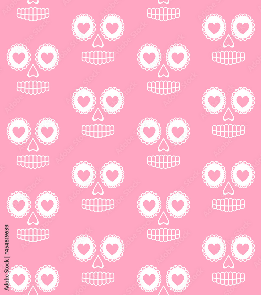 Vector seamless pattern of flat Mexican sugar skull face isolated on pink background Vector seamless pattern of flat Mexican sugar skull face isolated on pink background