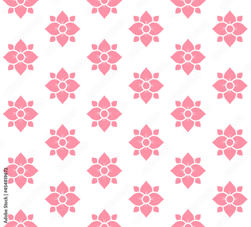 Vector seamless pattern of pink flat lotus flower isolated on white background