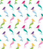 Vector seamless pattern of different color flat cartoon mermaid isolated on white background