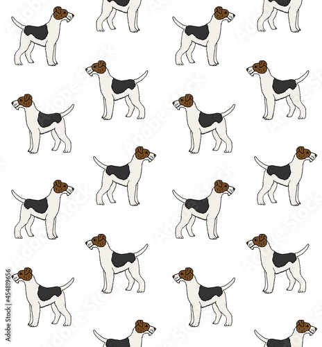 Obraz na plátne Vector seamless pattern of hand drawn doodle sketch colored fox terrier dog isol