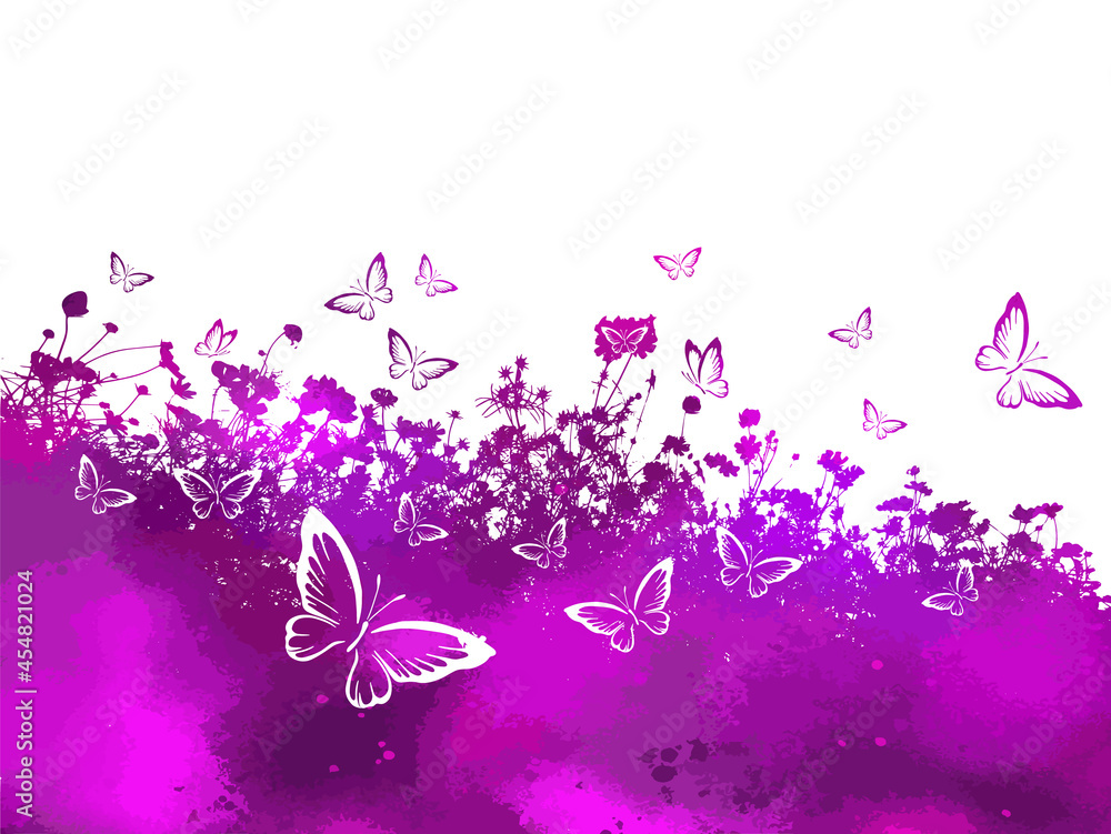 Floral background with butterflies. Pink-purple Herbal summer background with flowers. Vector illustration