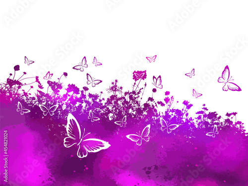Floral background with butterflies. Pink-purple Herbal summer background with flowers. Vector illustration