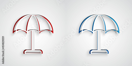 Paper cut Sun protective umbrella for beach icon isolated on grey background. Large parasol for outdoor space. Beach umbrella. Paper art style. Vector