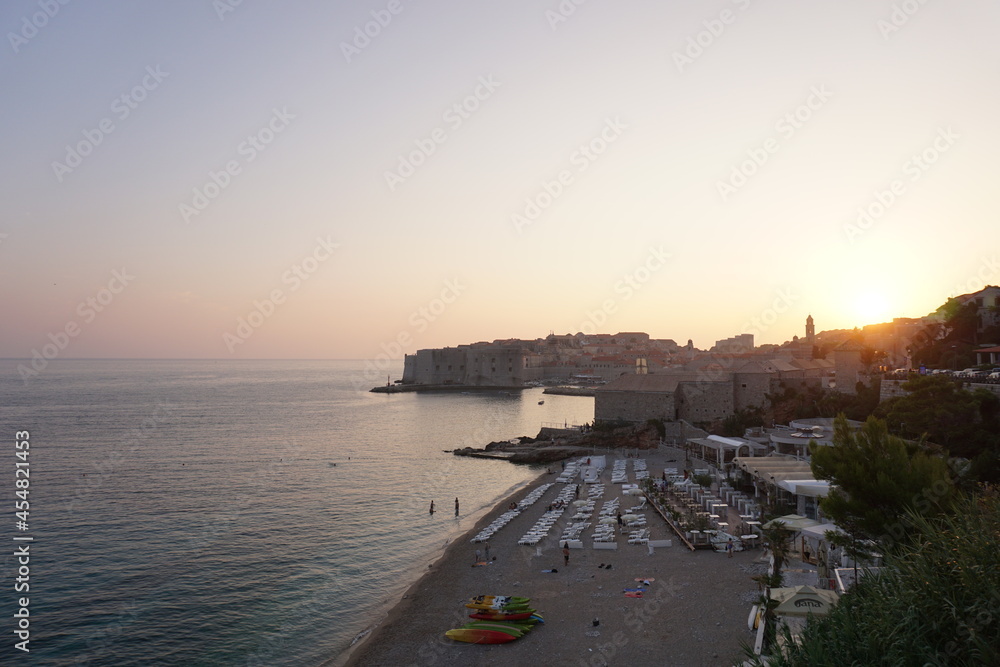 View onto Banje beach in Dubrovnik before sunset