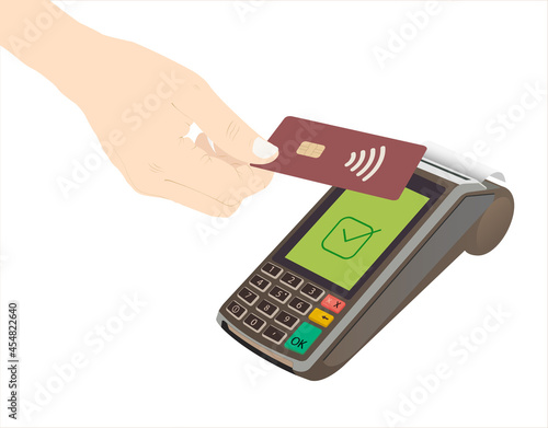 Woman paying with contactless credit card, contactless payment, nfc, credit card purchase, payment, tap to pay vector stock illustration	