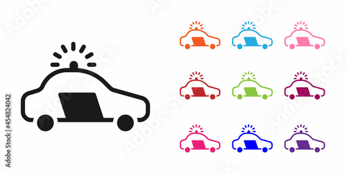 Black Police car and police flasher icon isolated on white background. Emergency flashing siren. Set icons colorful. Vector