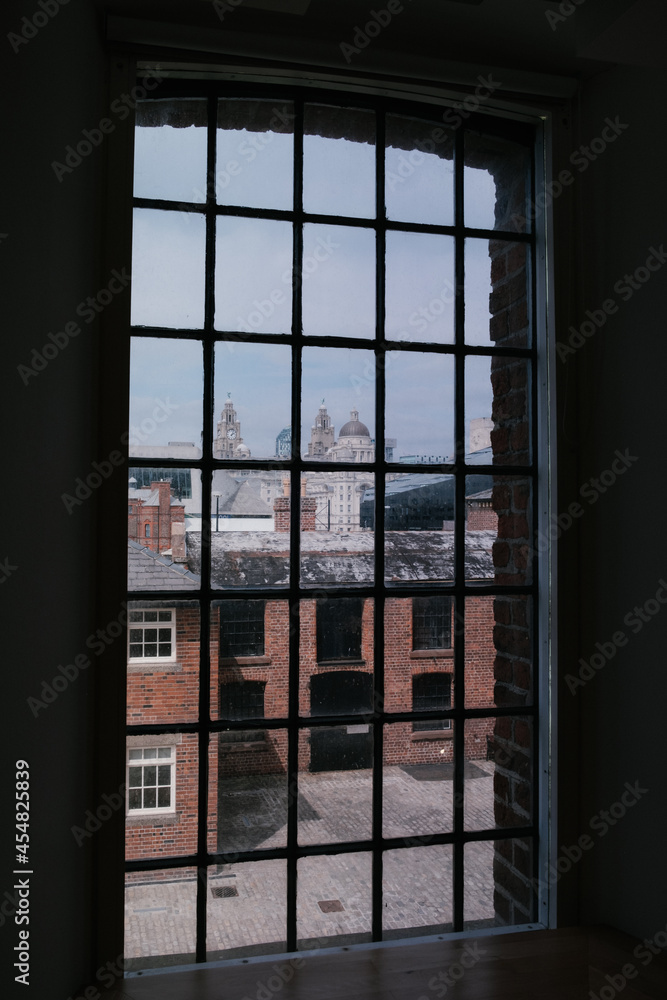 A view from a window over a waterfront, Liverpool, England, United Kingdom.