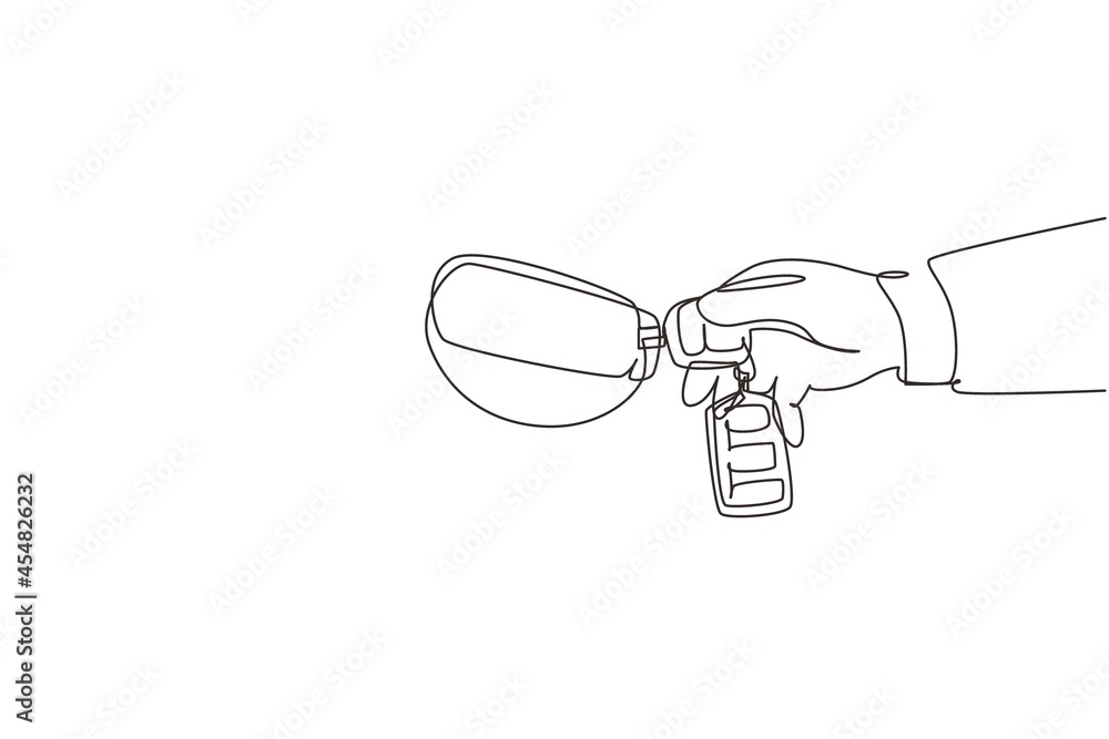 Single continuous line drawing woman with car key. Hand holding car key and alarm system. Female hand holding car key with alarm keychain. Dynamic one line draw graphic design vector illustration Single continuous line drawing woman with car key. Hand holding car key and alarm system. Female hand holding car key with alarm keychain. Dynamic one line draw graphic design vector illustration