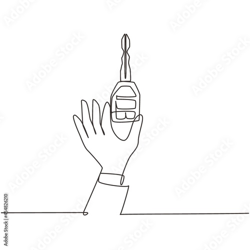 Single one line drawing male hand holding car key. Car sales theme. Hand of car salesman manager holding key isolated on white backdrop. Modern continuous line draw design graphic vector illustration