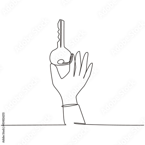 Single continuous line drawing hand holding modern key to unlock door. Hand holds key. Find the key to solve problems, opportunity, business solution. One line draw graphic design vector illustration