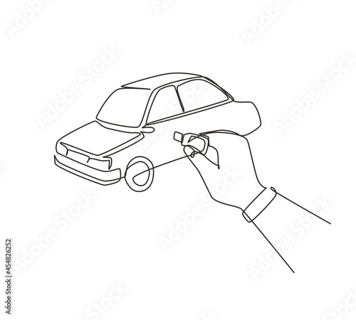 Single continuous line drawing hand turning the key in the hole on the car door. Man uses key to open the new vehicle. Automobile rental. Dynamic one line draw graphic design vector illustration