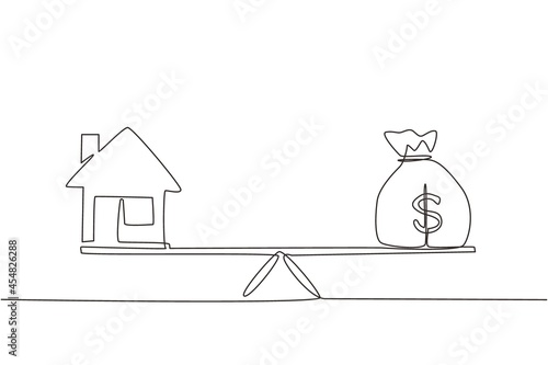 Single continuous line drawing money and home, loan, mortgage. Change home into cash concept. US Dollar in sack bag. Balance home and debt on scales. One line draw graphic design vector illustration